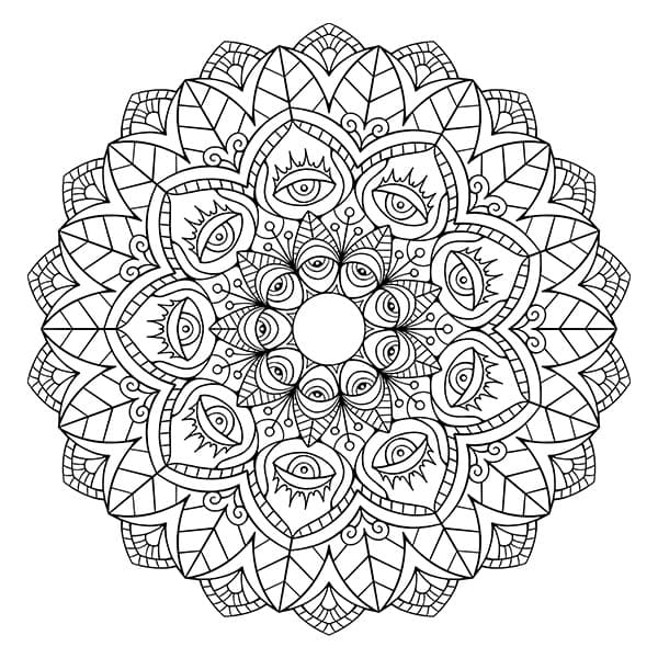 Advanced 9-Sided Mandala Coloring Page with Funky Eyes and Fire