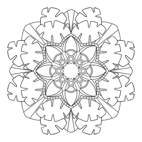 Round Mandala Coloring Page with Tropical Leaves