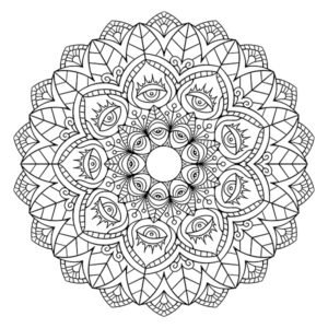 Advanced 9-Sided Mandala Coloring Page with Funky Eyes and Fire Image