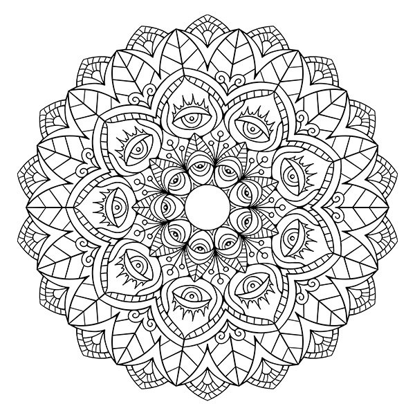 Advanced 9-Sided Mandala Coloring Page with Funky Eyes and Fire Image