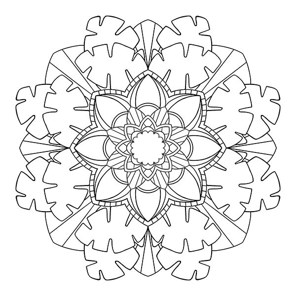 Round Mandala Coloring Page with Tropical Leaves Image